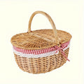 Willow Picnic Hamper Basket with Hinged Lid, Carry Handle and Red Checkered Textile Lining