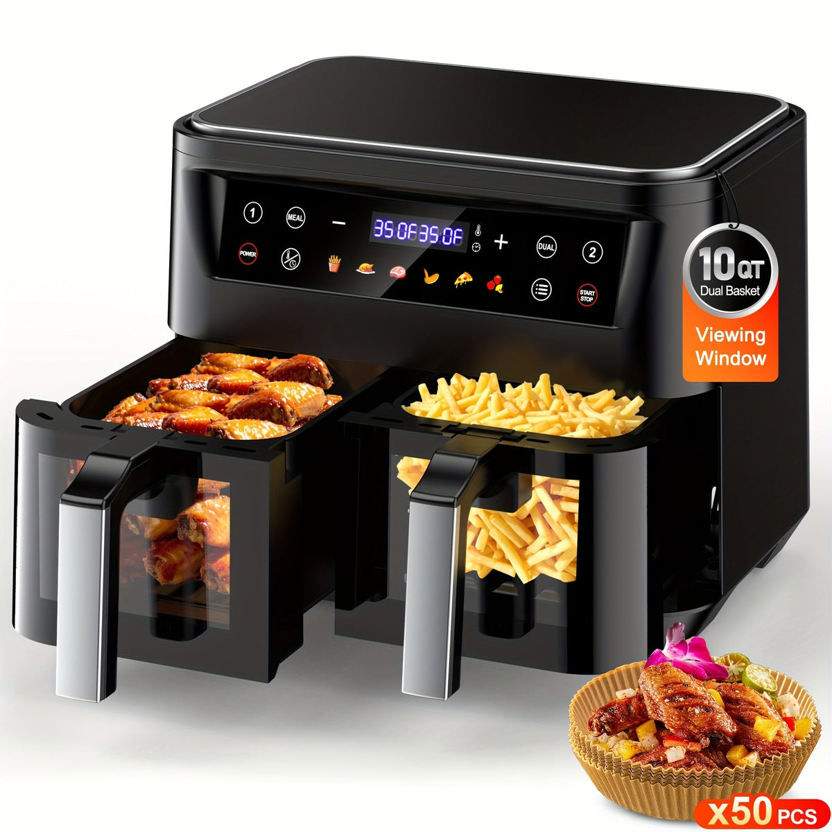 10Qt Dual-Basket Air Fryer with Two Viewing Windows, Sync Controls, Touch Panel and 50 Paper Liners