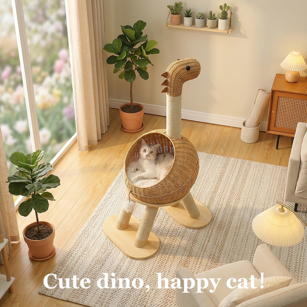 Dinosaur Cat Tree Tower 46 Inch – Large Rattan Cat House with 4 Sisal Scratching Posts, Wicker Bed & Removable Mat