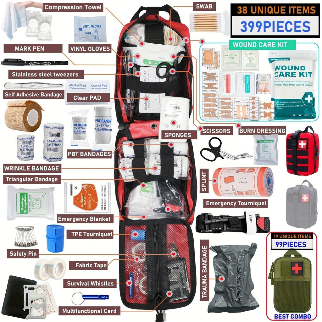 First Aid Kit 399pcs / 99pcs Professional Portable Survival Gear with Splints Scissors Tweezers for Hiking Camping Hunting Car Travel