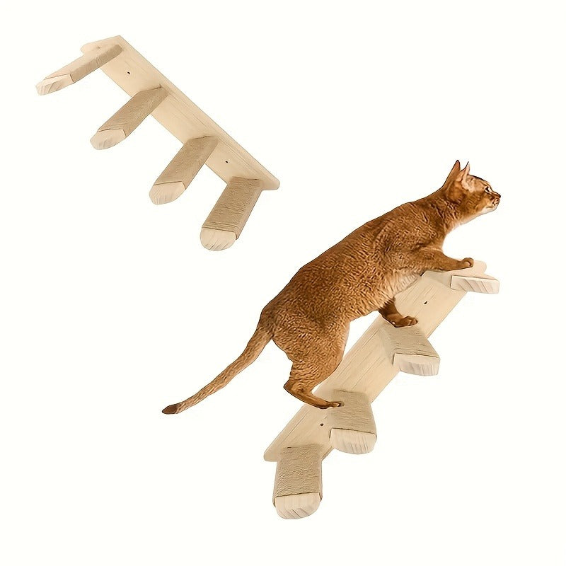 Four-Step Wall-Mounted Cat Ladder with 45.5cm Wood Frame, Rope-Covered Treads and Fastener Points