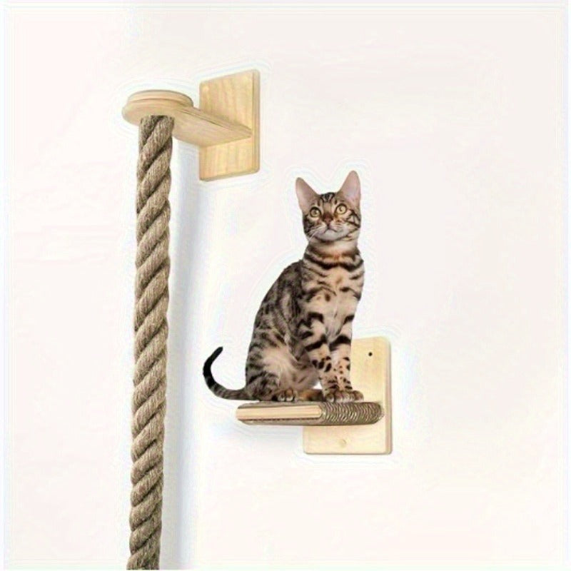 Wall-Mounted 60in Cat Climbing Rope Set with Upper Bracket, Lower Anchor and Small Wood Perch