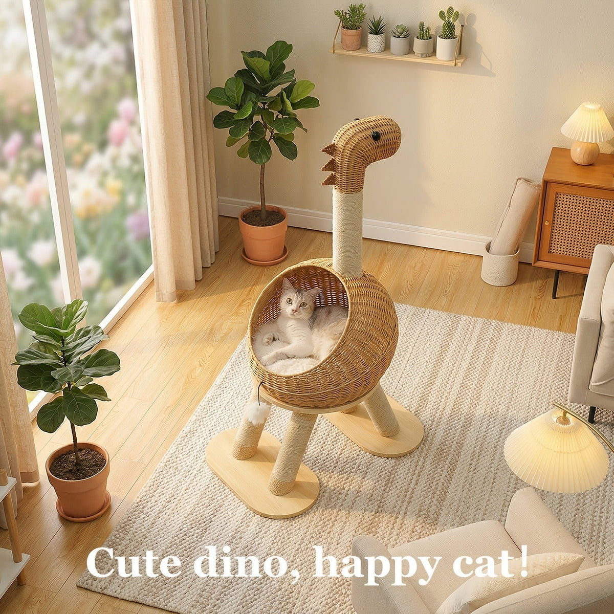 Brown 46-Inch Dinosaur Cat Tree with Woven Pod Bed, Four Sisal-Wrapped Posts and Removable Cushion