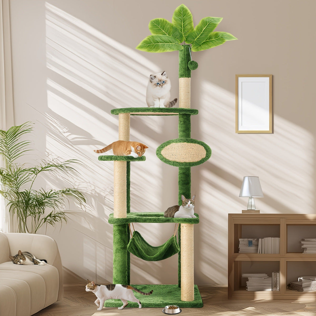 Cat Tree 55" Large Multi-Level Cat Tower for Indoor Cats with Green Leaves, Hammock, Sisal Scratching Posts & Hanging Ball Toy