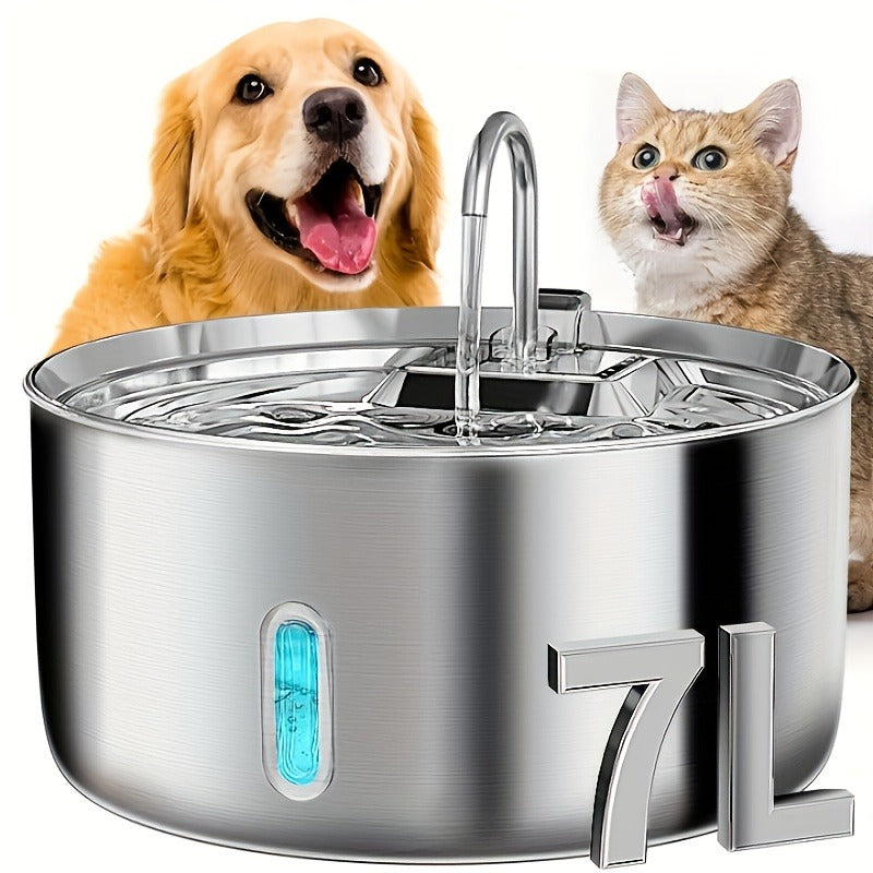 FT007 7L Pet Water Fountain with Stainless-Steel-Marked Basin, Central Faucet Outlet and Water Window