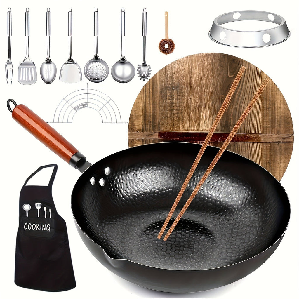 Wok Set Cast Iron 12.6 Inch Nonstick with 13 Accessories, Natural Nonstick No Chemical Coating Stir Fry Pan with Lid & Detachable Handle