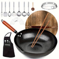 Wok Set Cast Iron 12.6 Inch Nonstick with 13 Accessories, Natural Nonstick No Chemical Coating Stir Fry Pan with Lid & Detachable Handle