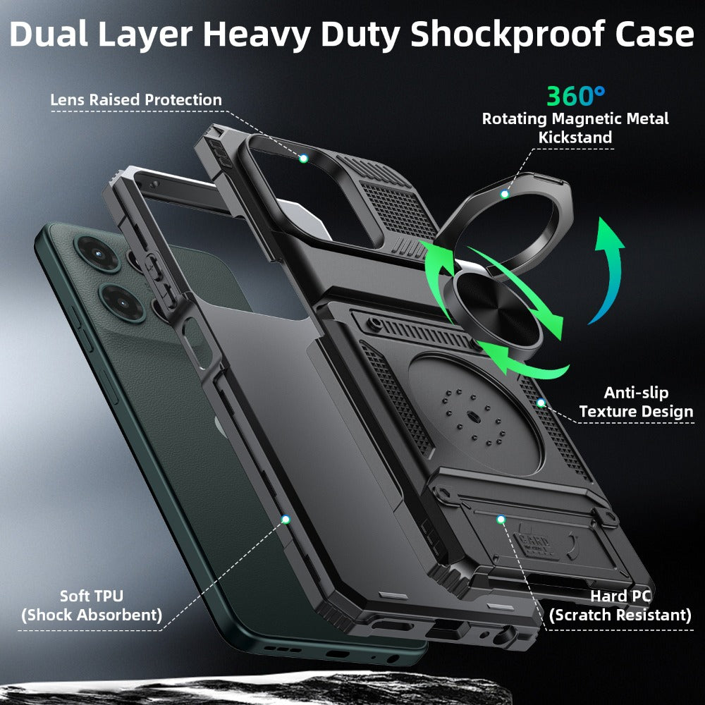 Phone Case Magnetic Metal Kickstand with layered Shell for Motorola Moto G 5G 2025 with Model-Specific Cutouts and Color Choices