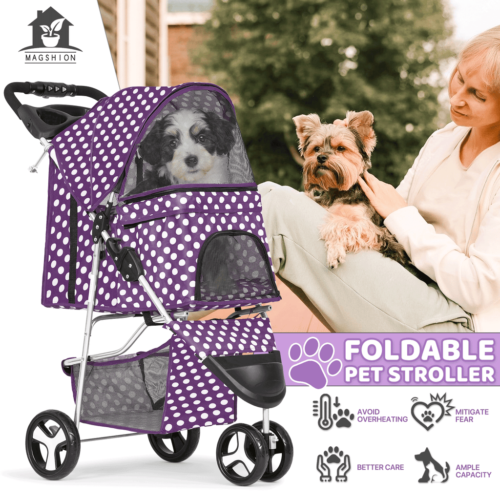 Three-Wheel Pet Stroller with Folding Mesh Cabin, Cup Tray, Lower Basket and Eleven Color or Print Options