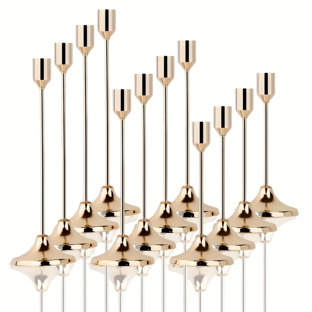 Candle Holder Set 12-Piece Metal Taper Stands in Three Heights with Gold, Silver or Black Finish Options