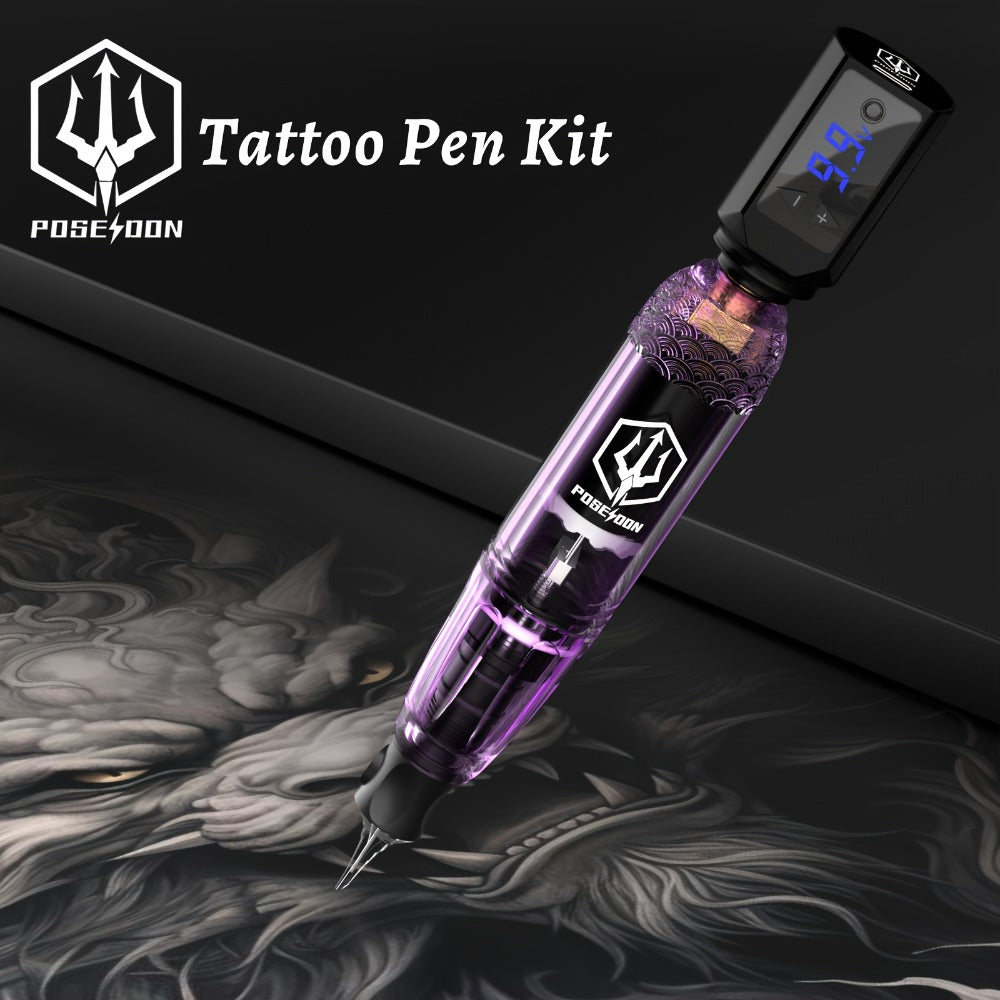 Tattoo Machine Kit POSEIDON SD01 Cordless Pen with 1500mAh Battery, Display, 20 Cartridges and 11 Inks