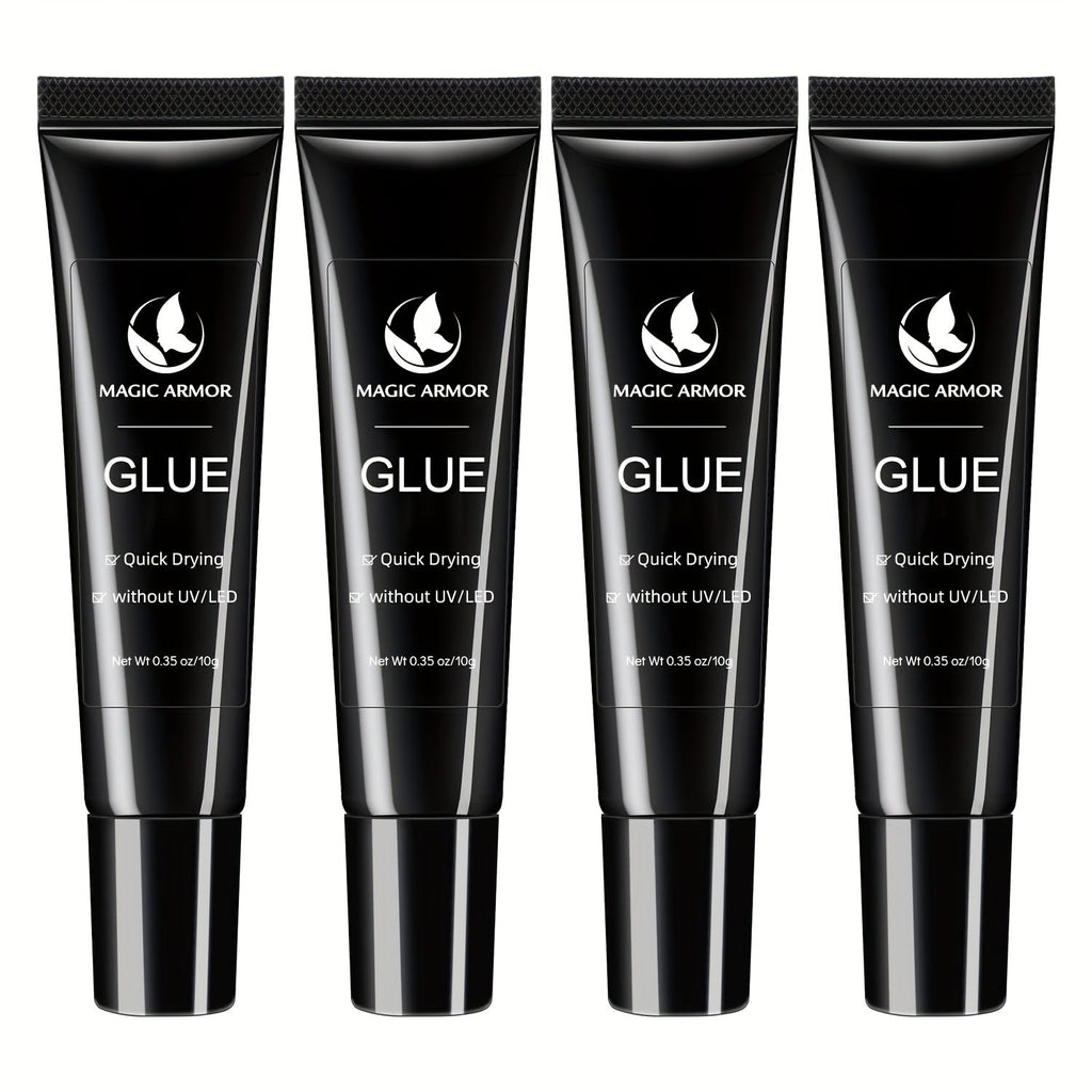 Nail Glue Set, MAGIC ARMOR Four 0.35oz Black Squeeze Tubes with Precision Nozzles for Press-On Nails