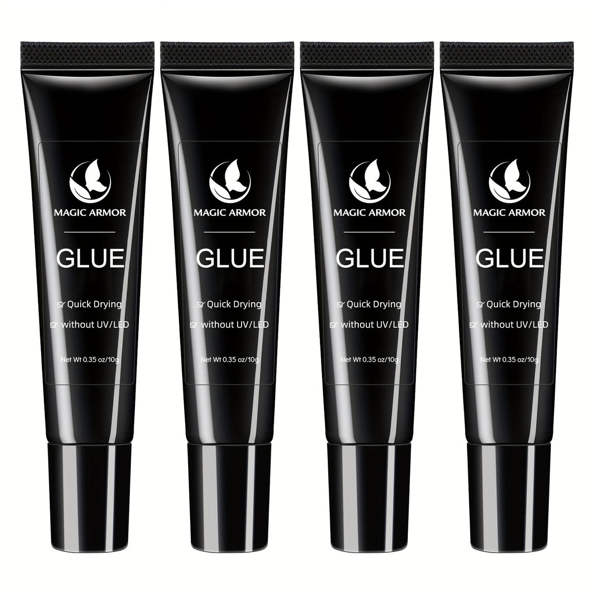 Nail Glue Set, MAGIC ARMOR Four 0.35oz Black Squeeze Tubes with Precision Nozzles for Press-On Nails