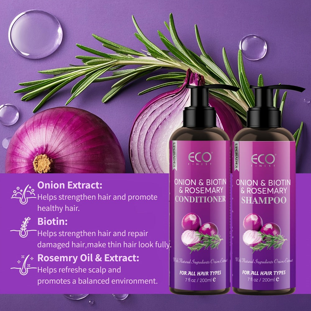 Onion, Biotin and Rosemary-Labeled Shampoo and Conditioner Set in Purple Pump Bottles with Jojoba Oil Wording