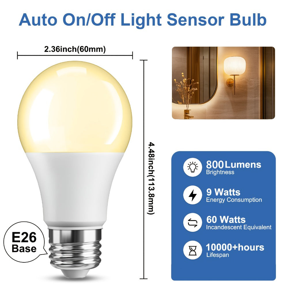 Dusk to Dawn LED Light Bulbs Photocell Sensor Auto On Off – 9W 60W Equivalent E26 Base 5000K for Home, Desk and Accent Lighting
