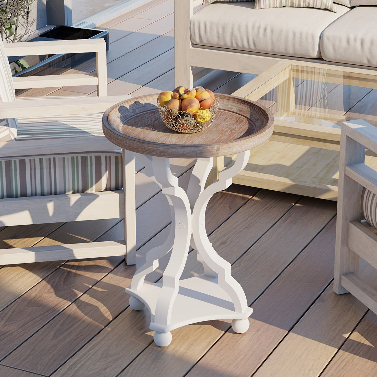 Side Table Rustic Raised-Tray Accent Design with Distressed Wood-Like Finish in Square or Round Shape