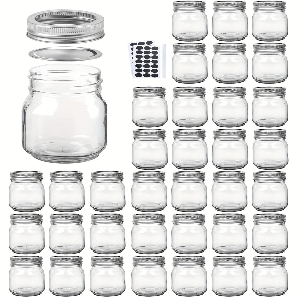 8 oz Glass Mason-Style Storage Jar Multipacks with 9, 18, 27 or 36 Jars and Four Lid Configurations