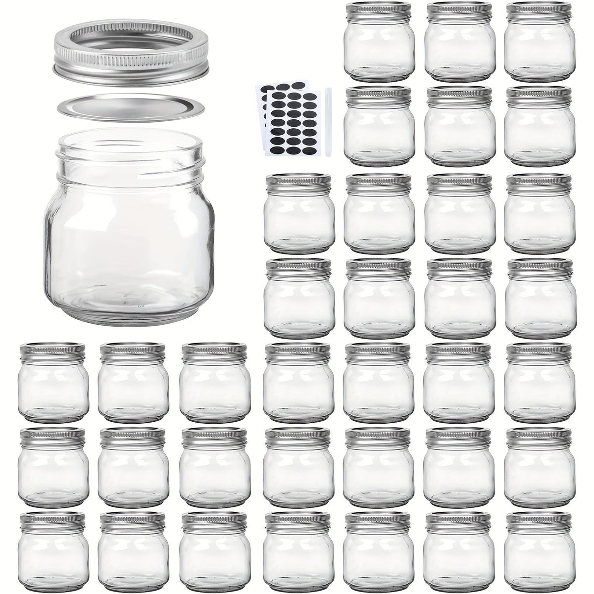8 oz Glass Mason-Style Storage Jar Multipacks with 9, 18, 27 or 36 Jars and Four Lid Configurations