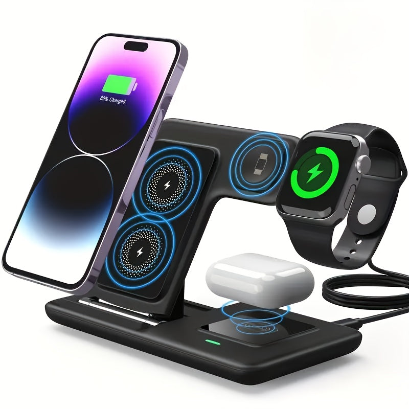 Wireless Charging Station, 3-in-1 15W Upright Stand with QC3.0 Adapter for iPhone, Watch and AirPods Models