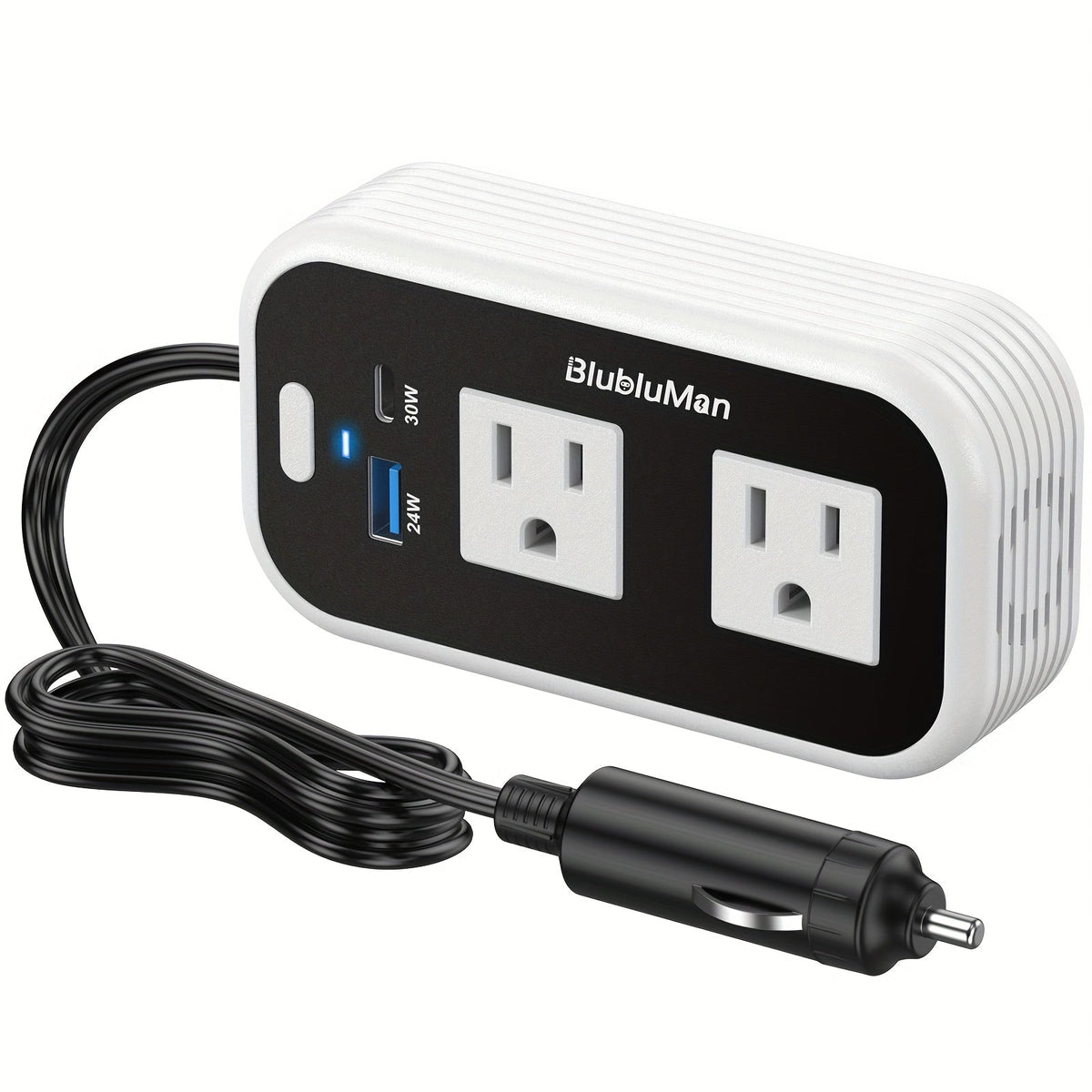 White-and-Black 200W Car Power Inverter with Two AC Outlets, 30W PD USB-C and 24W QC3.0 Ports