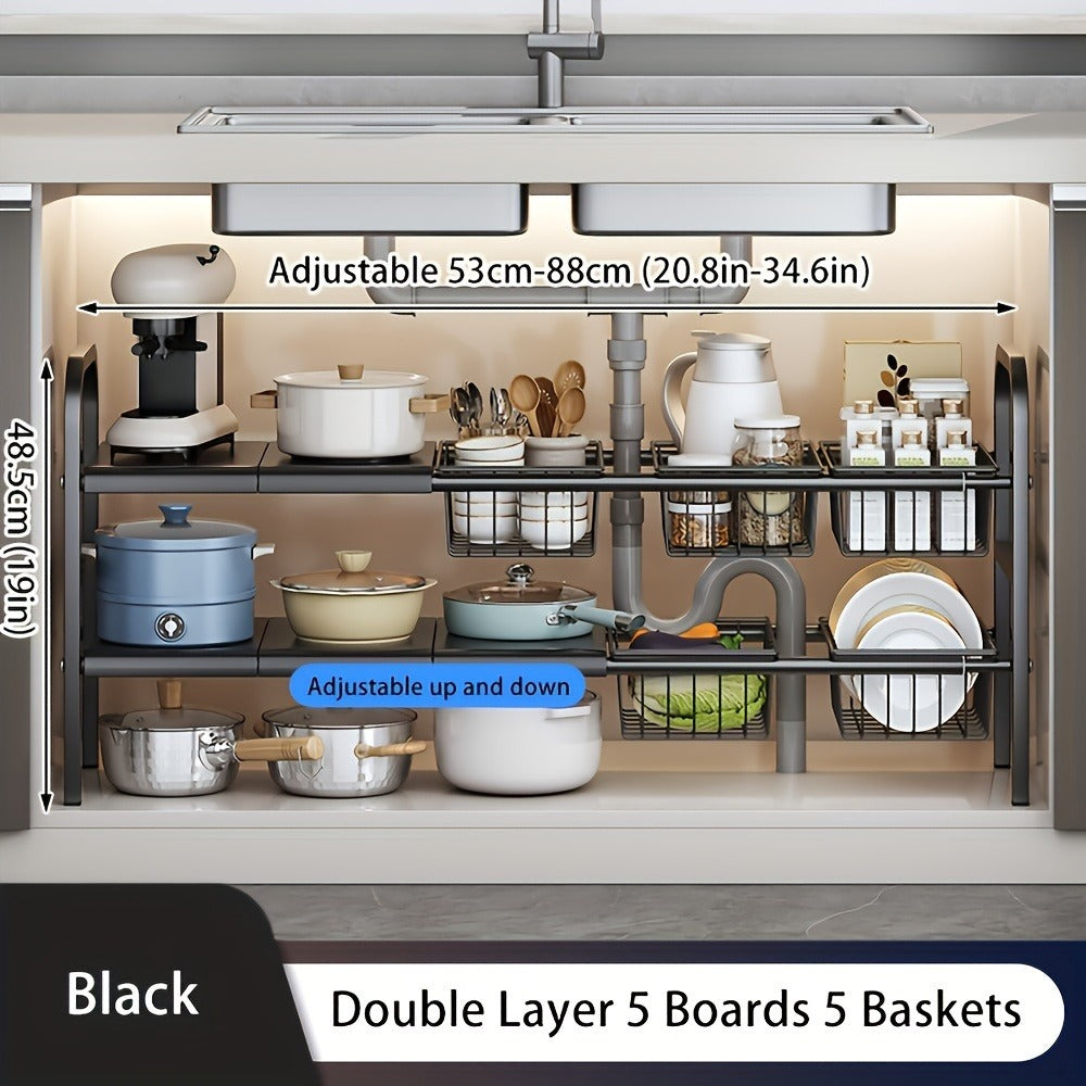 Expandable Under Sink Organizer 2-Tier Cabinet Shelf with 5 Removable Panels & 5 Baskets, Adjustable Under Sink Storage Rack for Kitchen