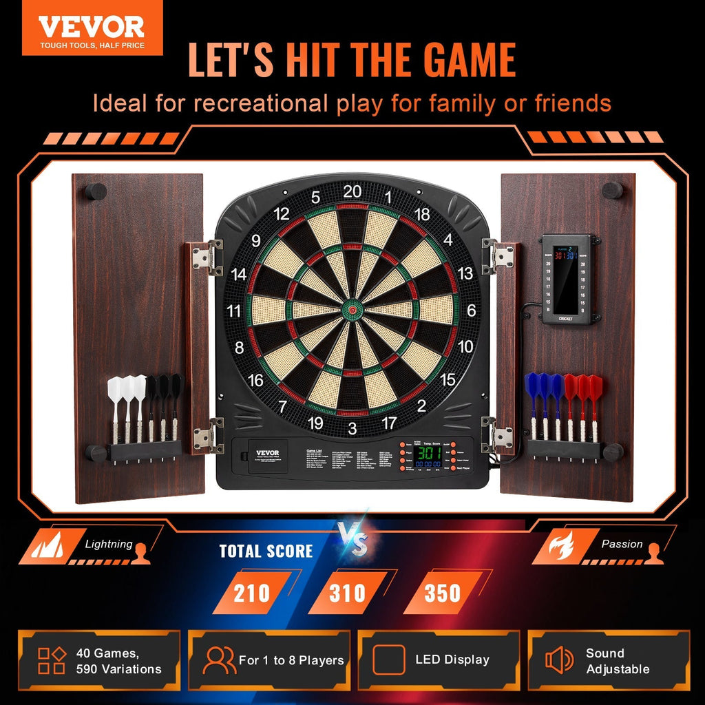 Electronic Dartboard Cabinet Set with LED Scoring – 13.5" Soft Tip, 40 Games 590 Variations, Retro Wood Cabinet, 1-8 Players