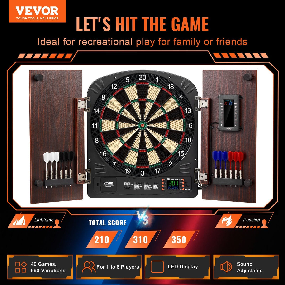 Electronic Dartboard Cabinet Set with LED Scoring – 13.5" Soft Tip, 40 Games 590 Variations, Retro Wood Cabinet, 1-8 Players