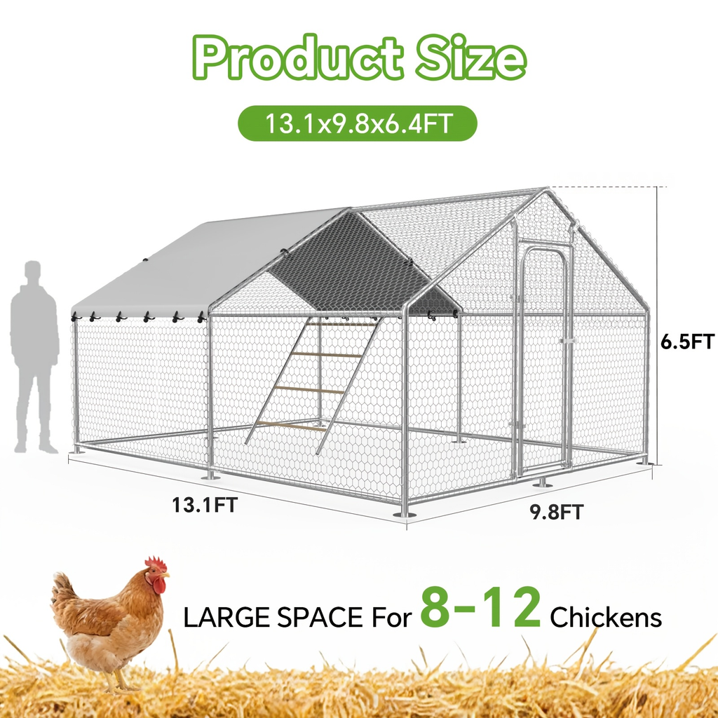 Dog Kennel Outdoor Large Metal Walk-in Chicken Run Pen Poultry Cage with Anti-UV Cover Movable Rack for Garden, Patio and Yard Use