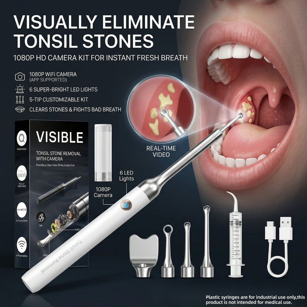 Tonsil Stone Remover with Camera 1080P HD Visual Oral Care Kit - 6 LED Lights, 5 Stainless Steel Tips