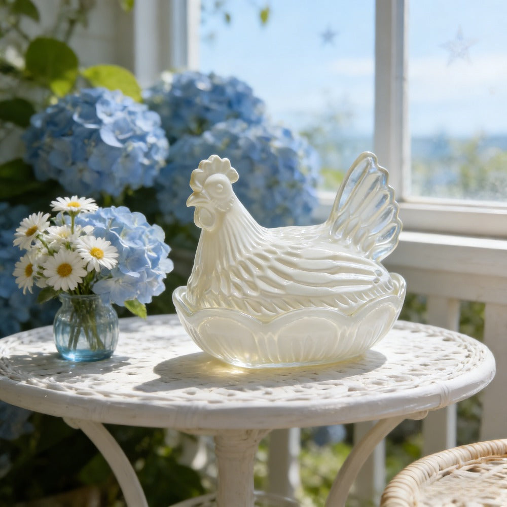 Glass Chicken Candy Jar – Vintage Milk Glass Nesting Hen Cookie Jar with Lid for Home Decor, Kitchen Display & Gifts