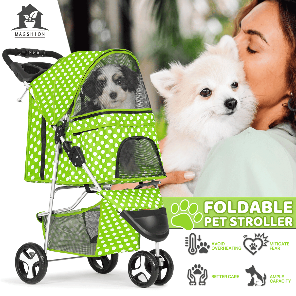 Three-Wheel Pet Stroller with Folding Mesh Cabin, Cup Tray, Lower Basket and Eleven Color or Print Options