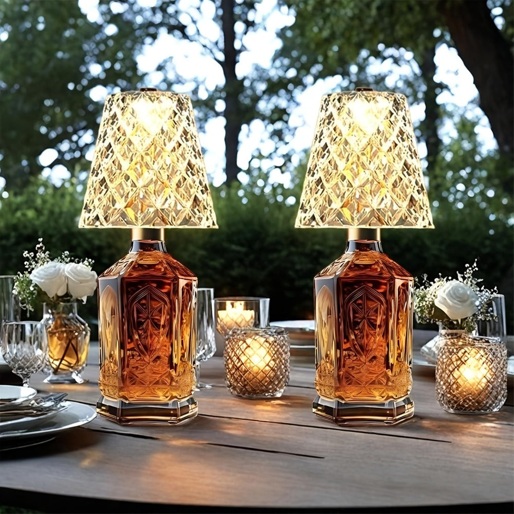 Rechargeable LED Bottle Table Lamp 2 Pack – Crystal Acrylic Wine Bottle Design, 2000mAh Cordless, 3 Color Modes