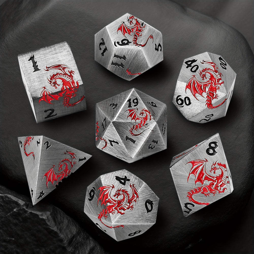 Dragon Metal Dice Set 7pcs Hand-Polished, Retro Carved Dragon Pattern Polyhedral DnD TTRPG RPG Dice with Dragon Storage Bag