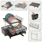 Dish Drying Rack Kitchen Organizer with Two Tiers, Drain Board, Utensil Cup and Three Color Options