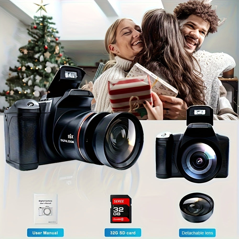 1080P Mini Digital Camera for Photography Vlogging 2.4" LCD 16x Zoom 9.88mm Wide-Angle Lens Compact Travel Camera with 32GB Memory Card