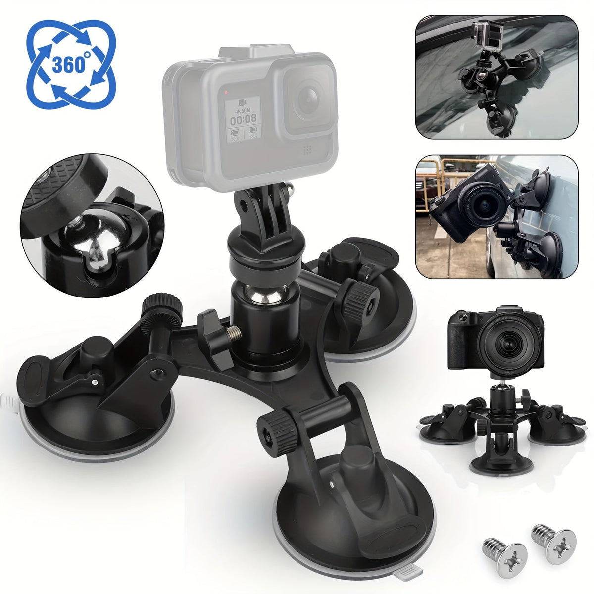 Suction Cup Camera Mount with 3 Bases – Universal 360° Ball Head Car Camera Holder for GoPro Hero 10 9 8 7, Action Cameras