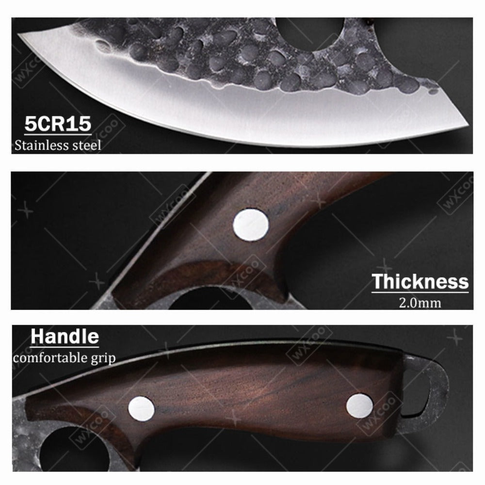 Viking Chef Knife Set 3/4pcs Hammered Stainless Steel Kitchen Knives – Boning, Utility & BBQ Knife with Wooden Handle for Cooking