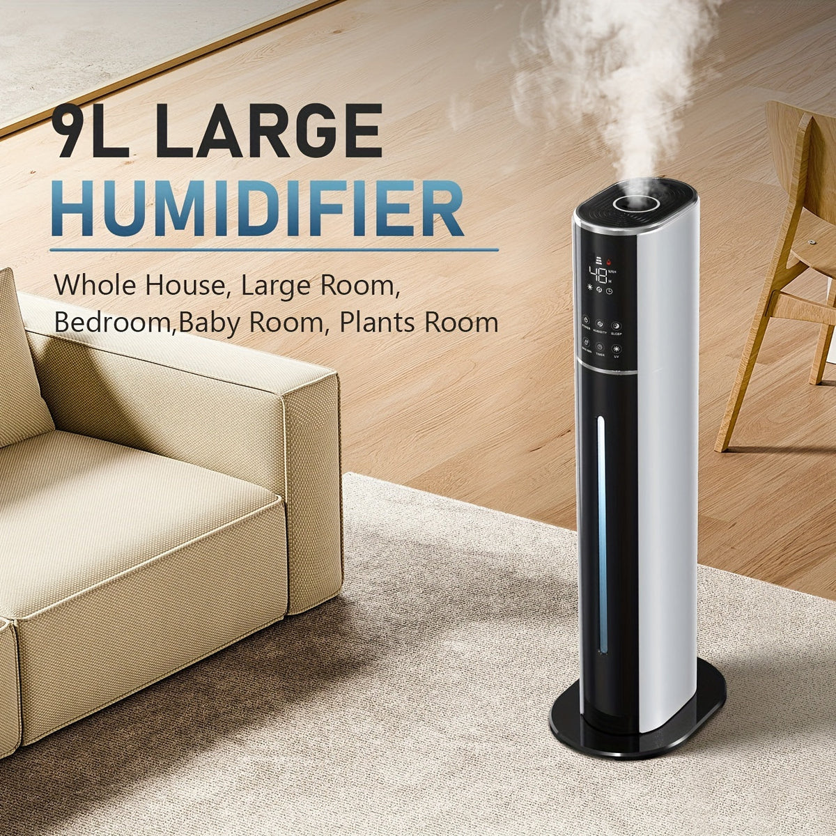 Humidifier 9L Top-Fill Cool Mist Tower with Smart Humidity Control, Sleep Mode and 600-Square-Foot Listing