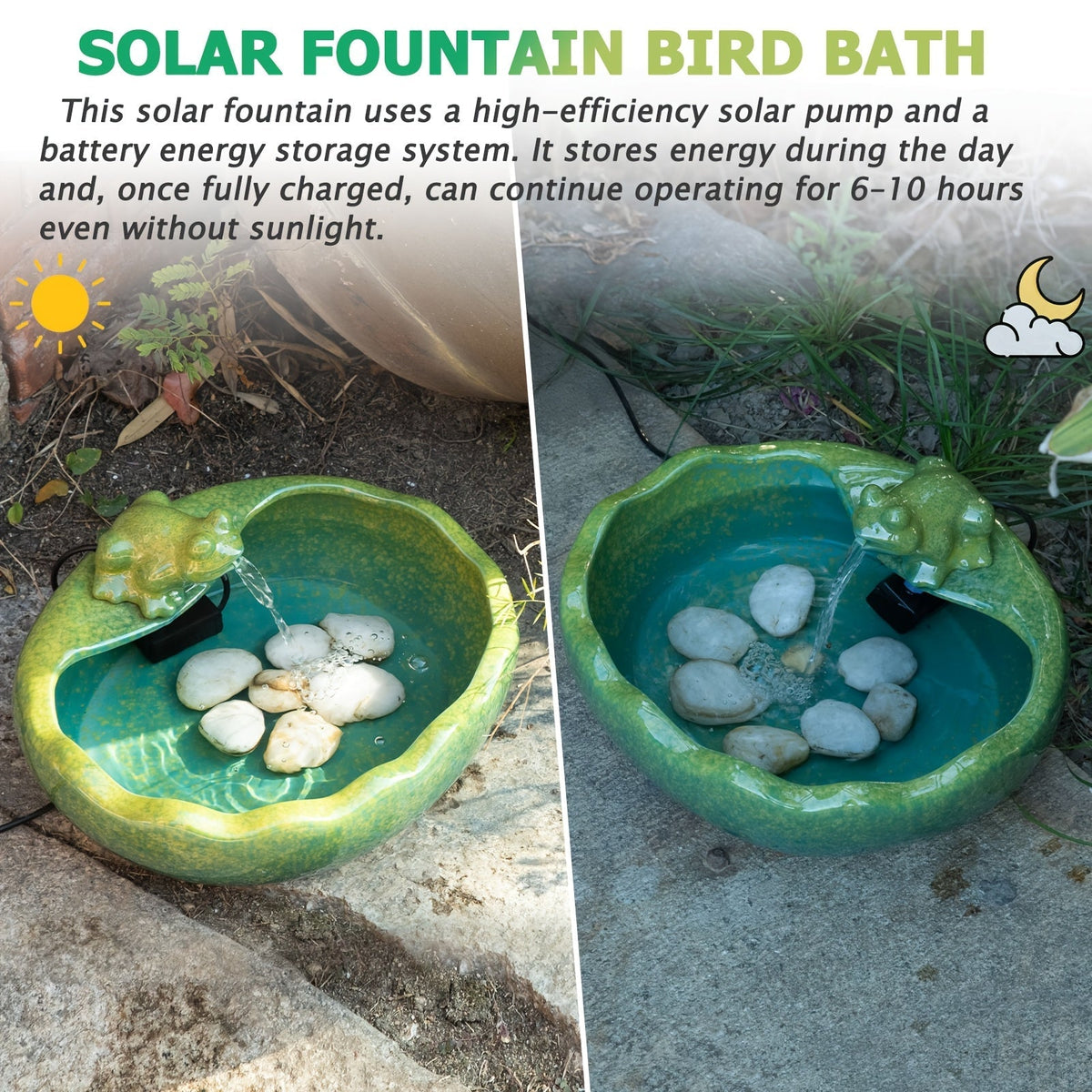 Ceramic Solar Fountain with Battery Backup for Garden, Pathway and Patio Lighting, with the Listed Configuration