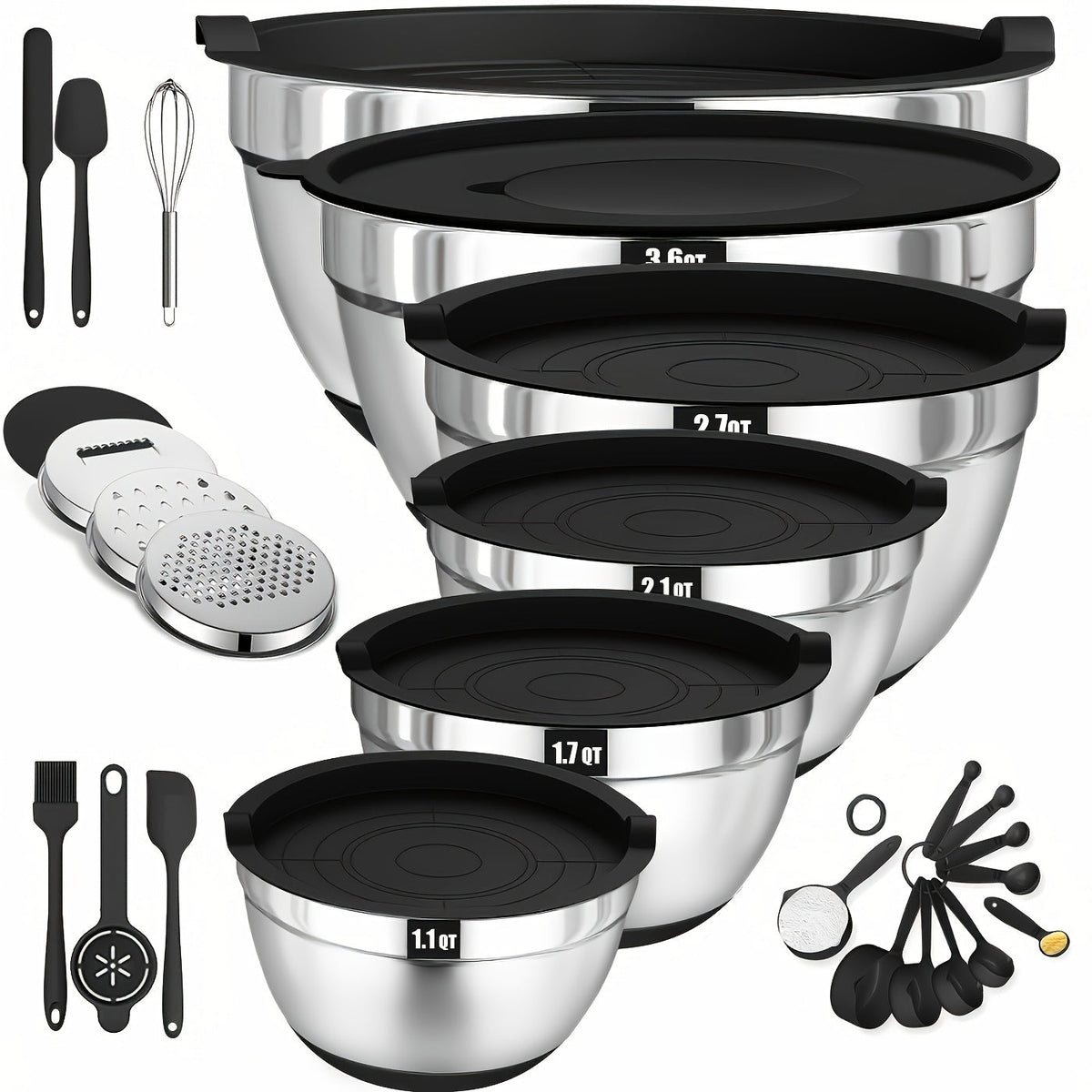Stainless Steel Mixing Bowl Set 26pcs with 6 Bowls 20 Kitchen Tools Anti-Slip Bottom Multiple Sizes for Baking Cooking Meal Prep Storage