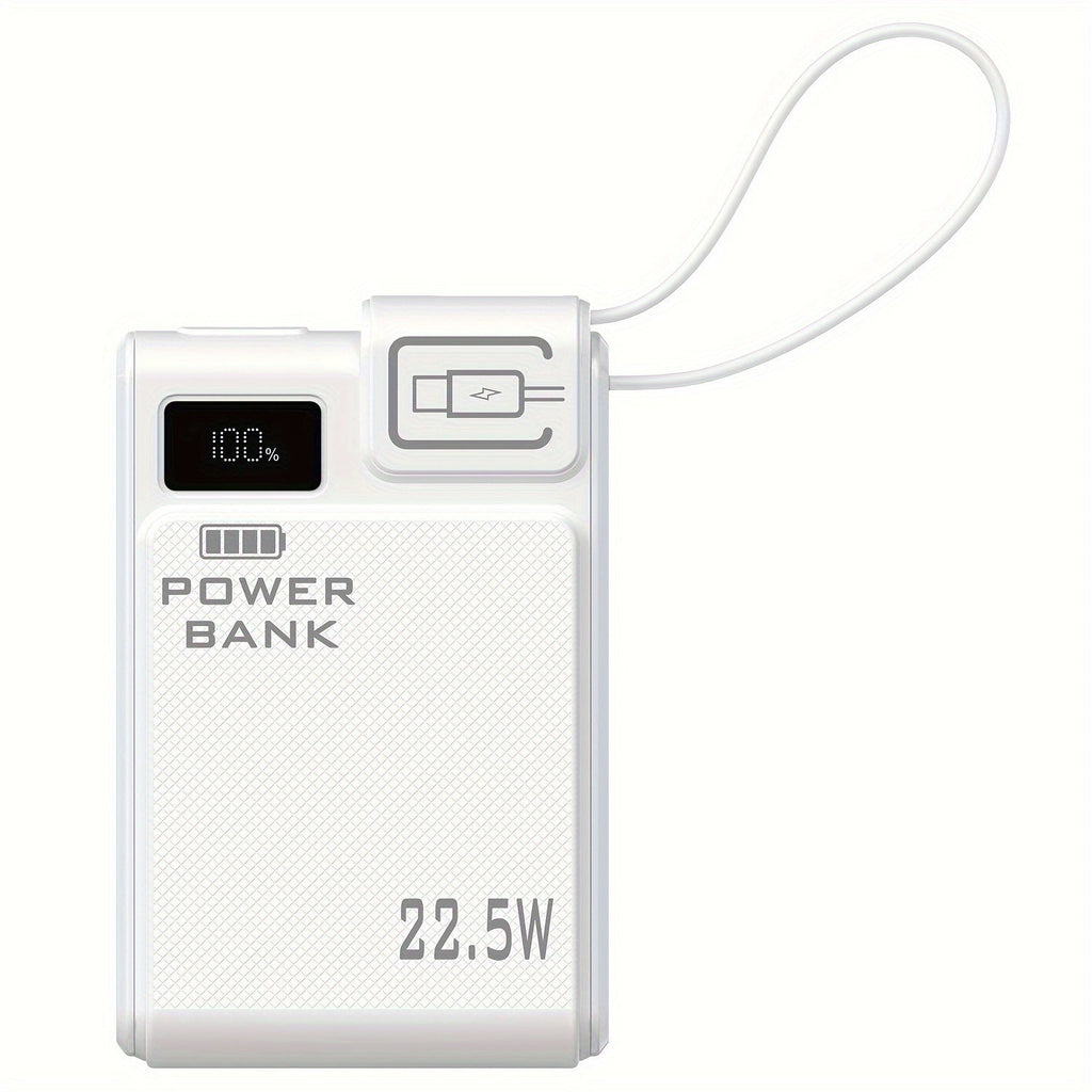 10000mAh Power Bank with 22.5W Label, Built-In USB-A and USB-C Cables, Three Outputs and Display