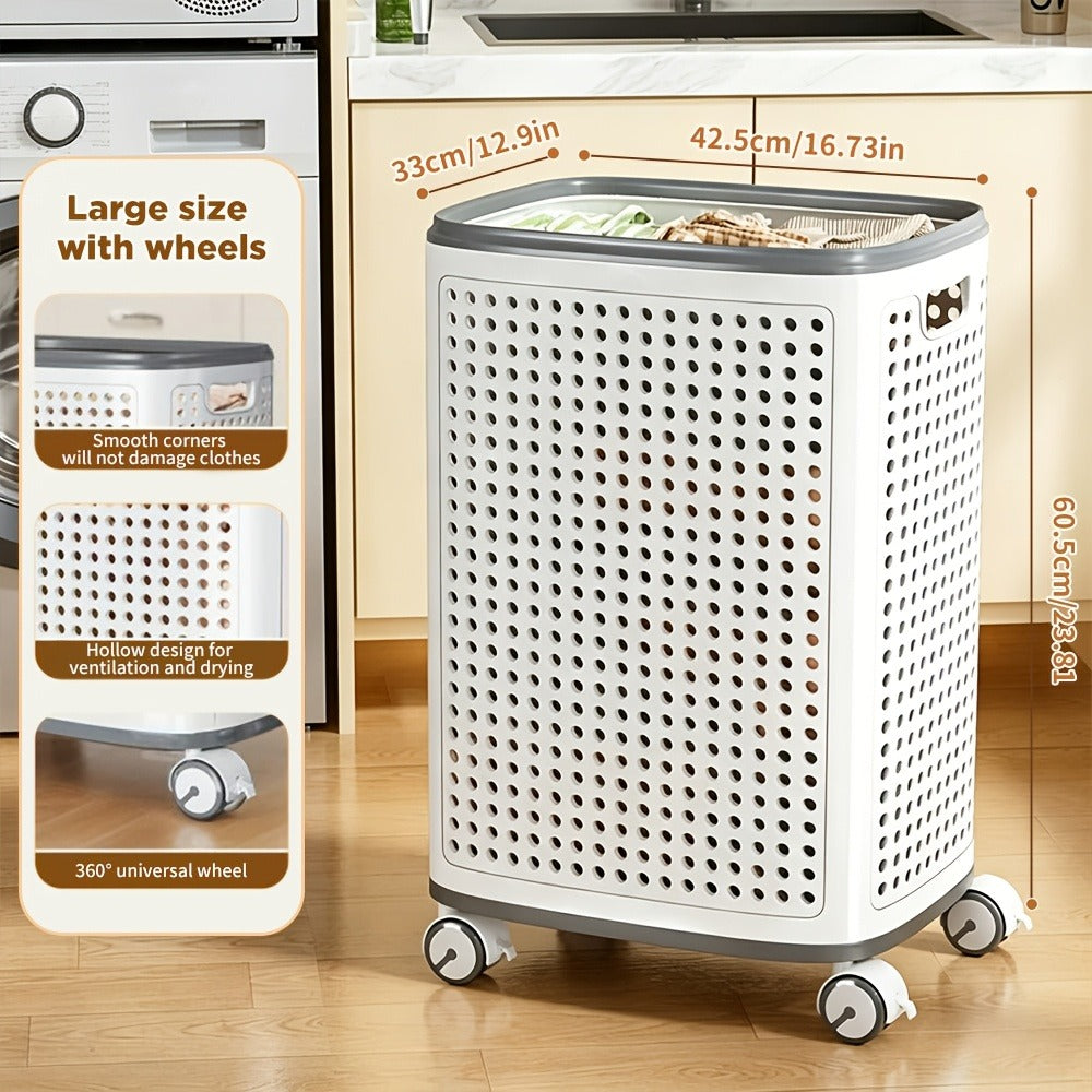 Wheeled Laundry Hamper Large Foldable with Dividers & Dust-Proof Lid – 360° Breathable Mesh Basket on Wheels, Reinforced Steel Base