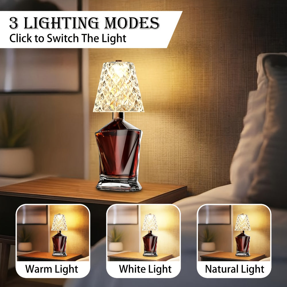 Rechargeable LED Bottle Table Lamp 2 Pack – Crystal Acrylic Wine Bottle Design, 2000mAh Cordless, 3 Color Modes
