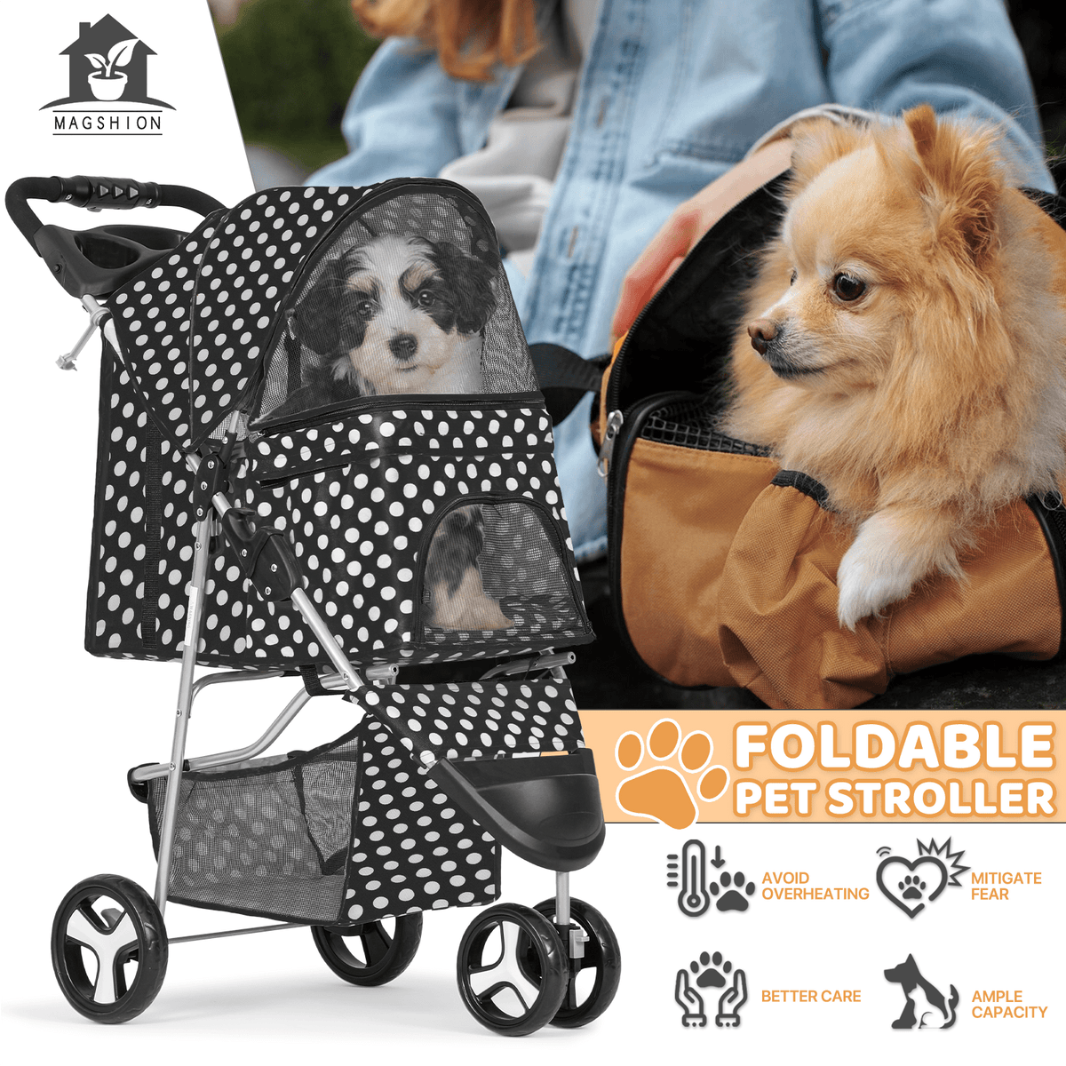 Three-Wheel Pet Stroller with Folding Mesh Cabin, Cup Tray, Lower Basket and Eleven Color or Print Options