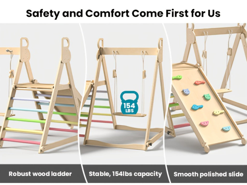 Foldable Indoor Wooden Jungle Gym for Toddlers, 4-in-1 Climbing Frame with Swing, Slide & Ladder