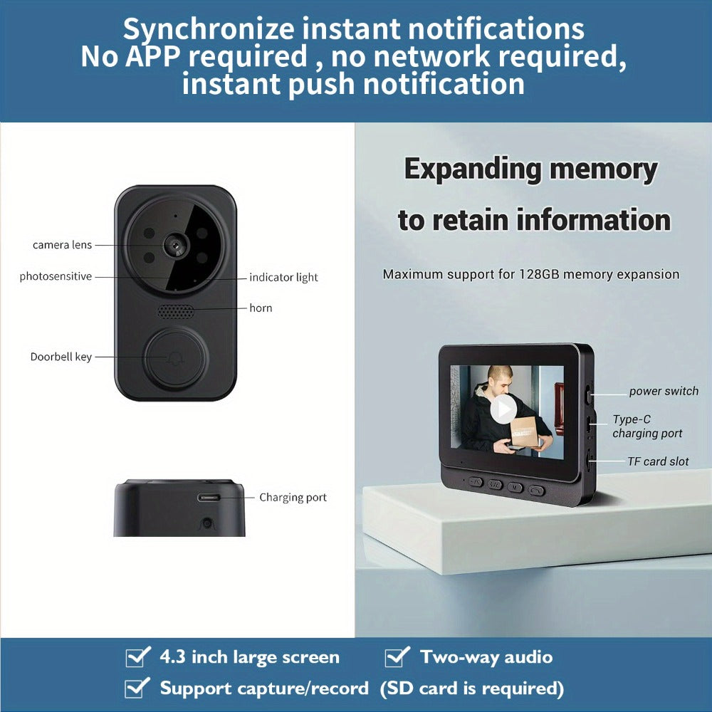 No WiFi Video Doorbell with 4.3" Indoor Monitor 1080P FHD, 120° Wide Angle, 850nm Night Vision, Two-Way Video Intercom