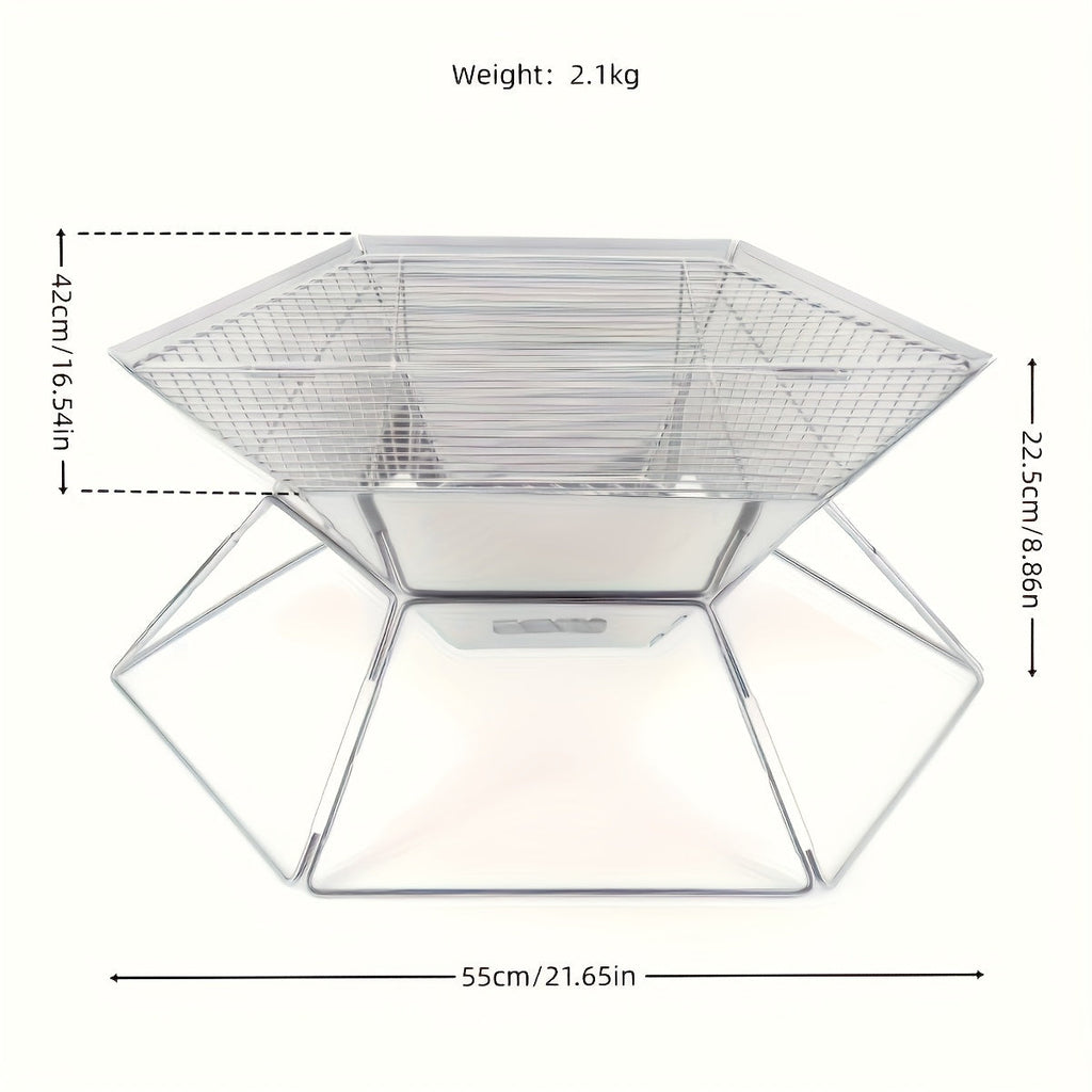 Hexagonal Folding Charcoal Grill with Stainless-Steel-Color Frame, Open Grid and Carry Bag for Outdoor Use