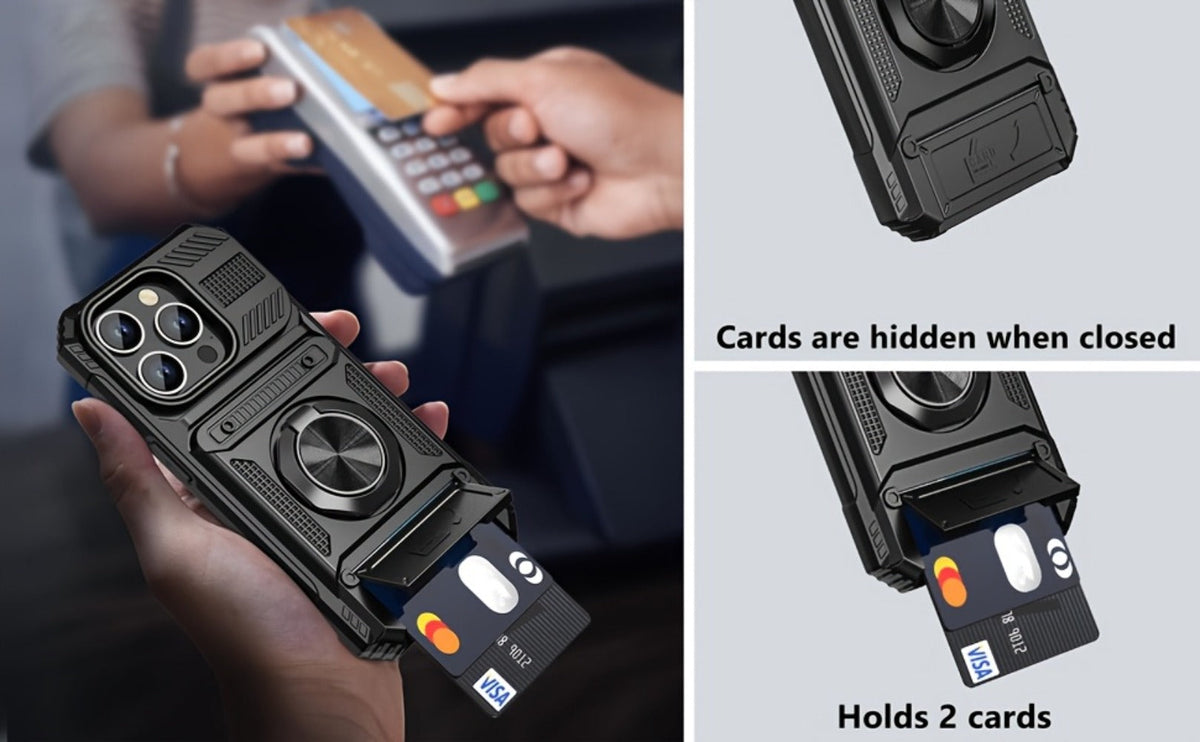 Phone Case Dual-Card Hard Shell Cover with 360-Degree Ring Kickstand for Select iPhone 14, 16 and 17 Models