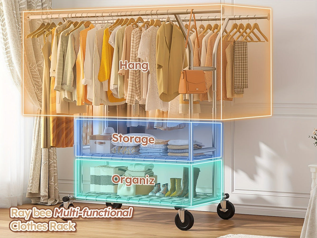 Double-Rod Rolling Garment Rack with Telescoping Extensions, Two Wire Shelves and 74.6-Inch Width