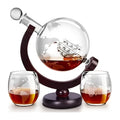 Whiskey Decanter Set with Glasses and Wooden Stand Ball Globe 28oz or Sailboat 44oz Etched for Home Cooking, Dining and Outdoor Meals